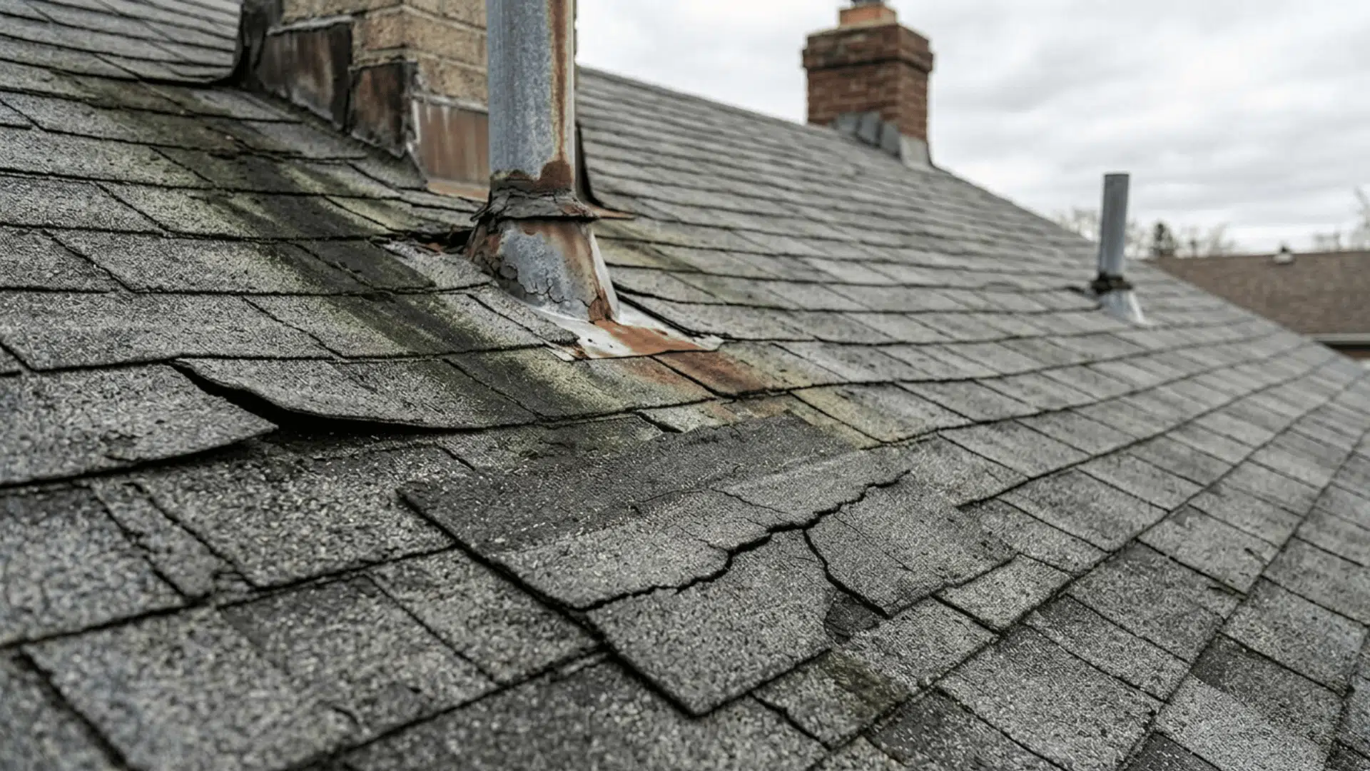 old roof with cracked and worn shingles indicating age-related leak issues.