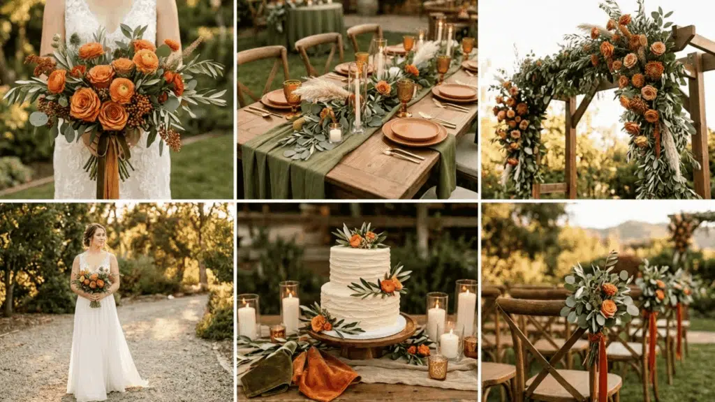 olive green and burnt orange wedding color scheme collage with warm florals and rustic decor