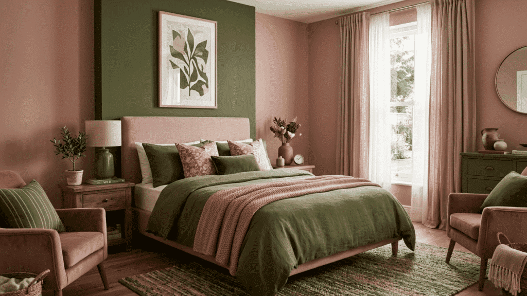 olive green and dusty rose two tone wall with soft decor, natural textures, and warm accents in a cozy living space