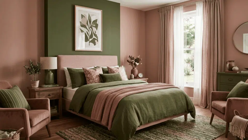 olive green and dusty rose two tone wall with soft decor, natural textures, and warm accents in a cozy living space