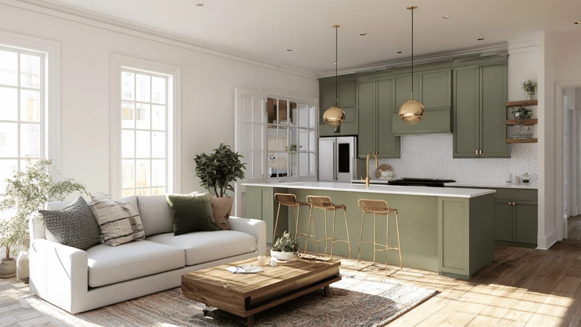 olive green and white room with wood floors and brass touches