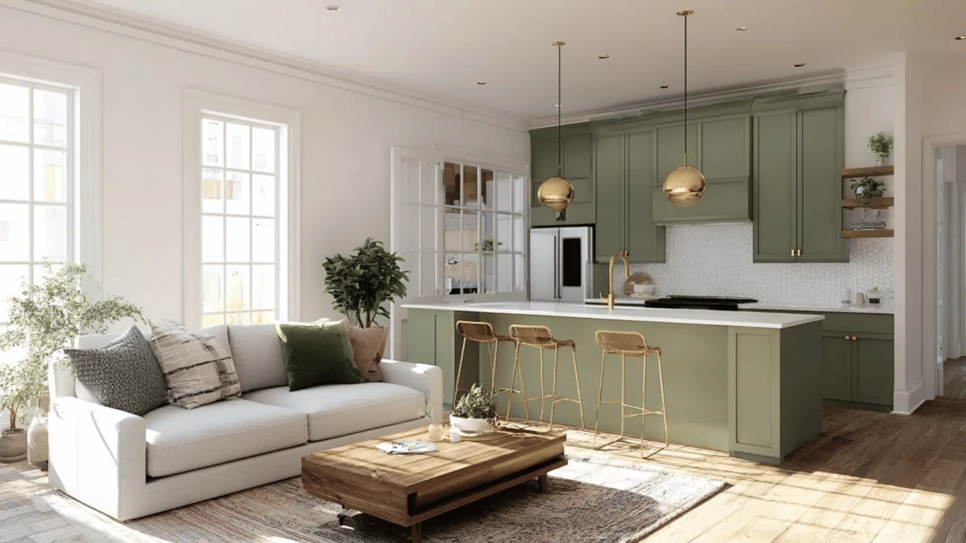 olive green and white room with wood floors and brass touches
