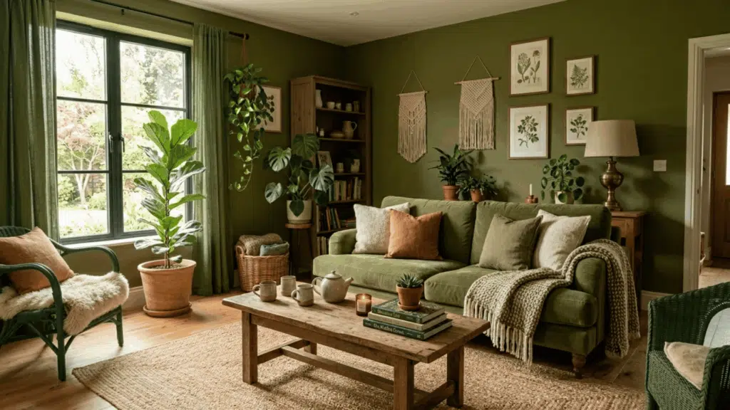 olive green living room with moss sofa,green curtains, jute rug, and indoor plants
