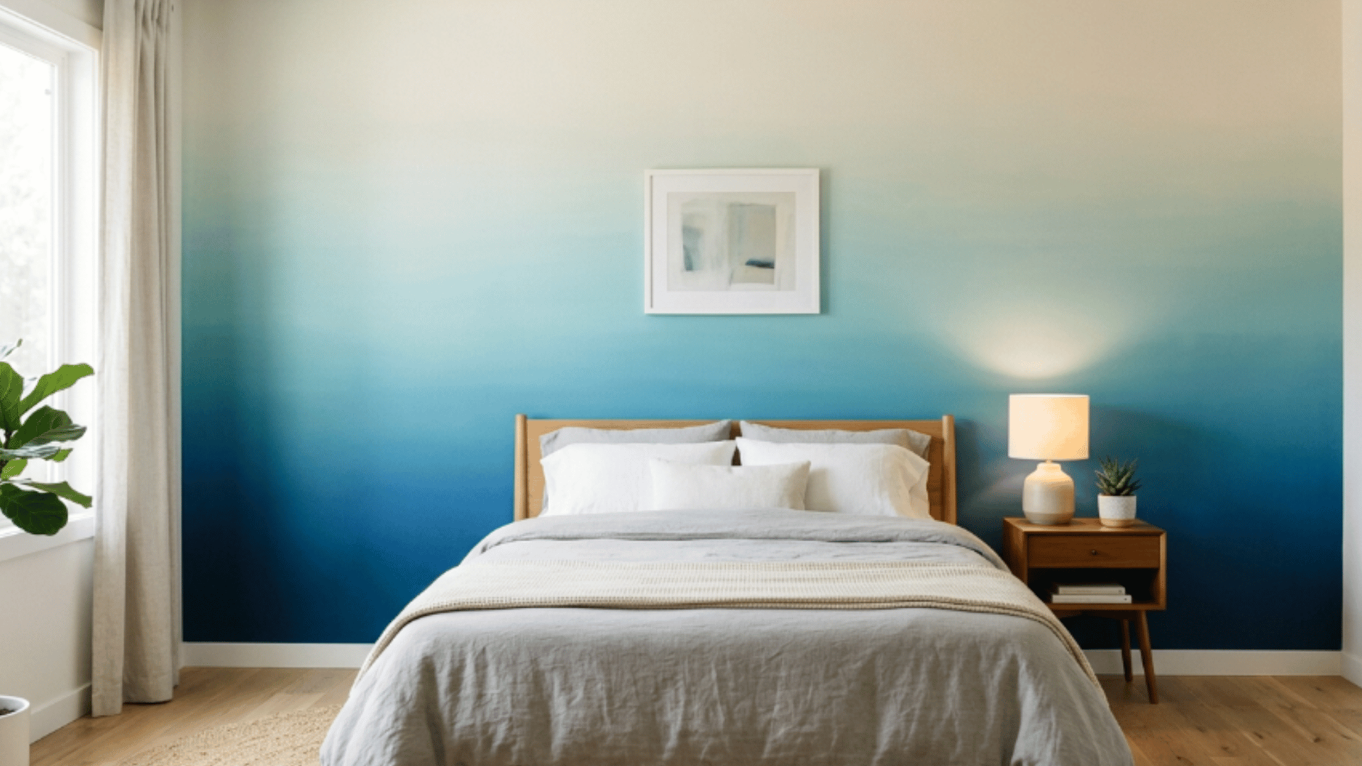 ombre wall with smooth color transition creating a soft and airy look in a minimal bedroom space