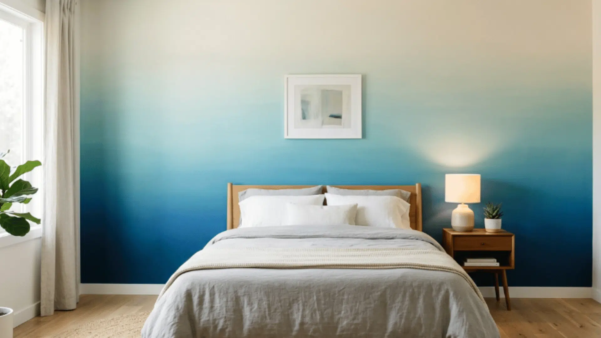 ombre wall with smooth color transition creating a soft and airy look in a minimal bedroom space