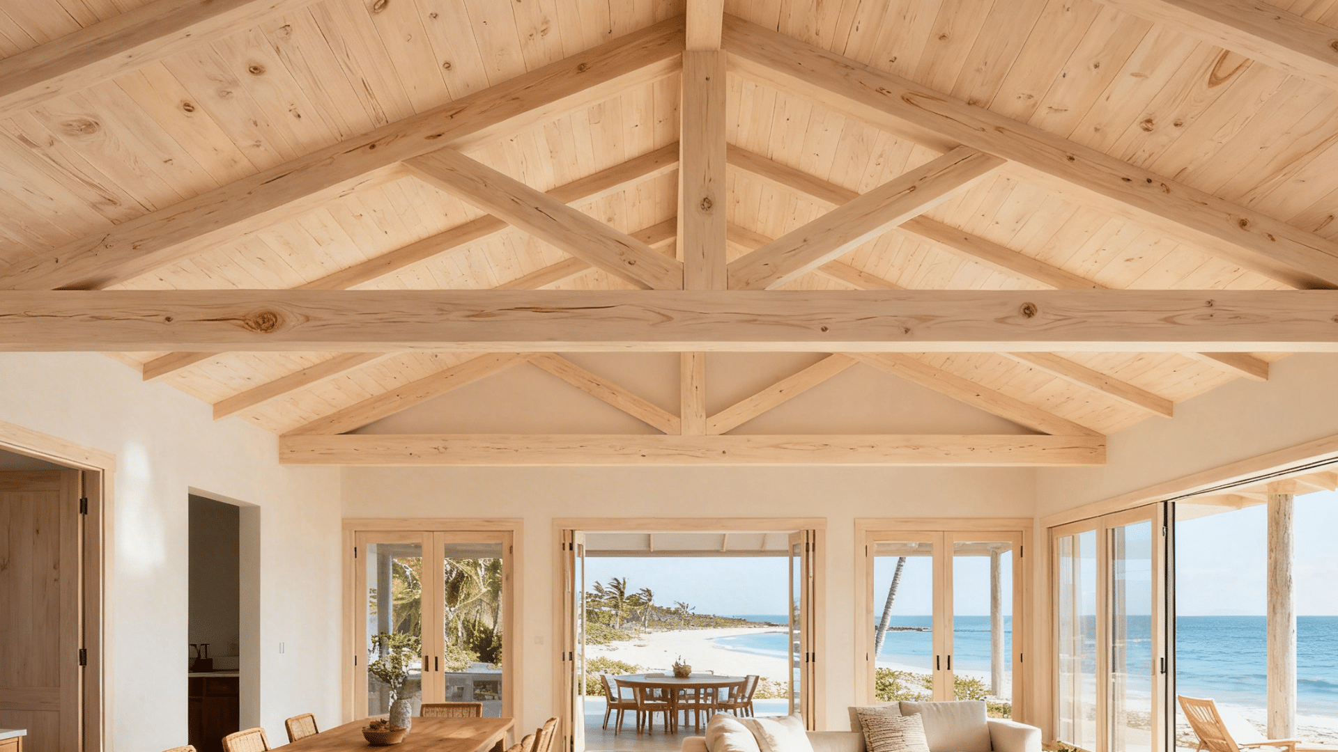 open beach house interior with wooden dining table sofa and wide glass doors revealing exposed wooden beam and outdoor seating area
