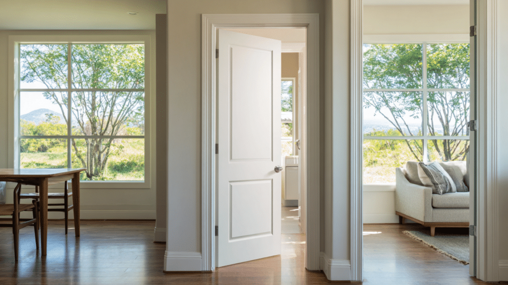 open interior door between bright rooms with large windows wooden floor and views of trees and natural landscape