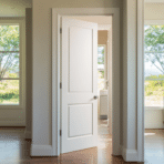 open interior door between bright rooms with large windows wooden floor and views of trees and natural landscape