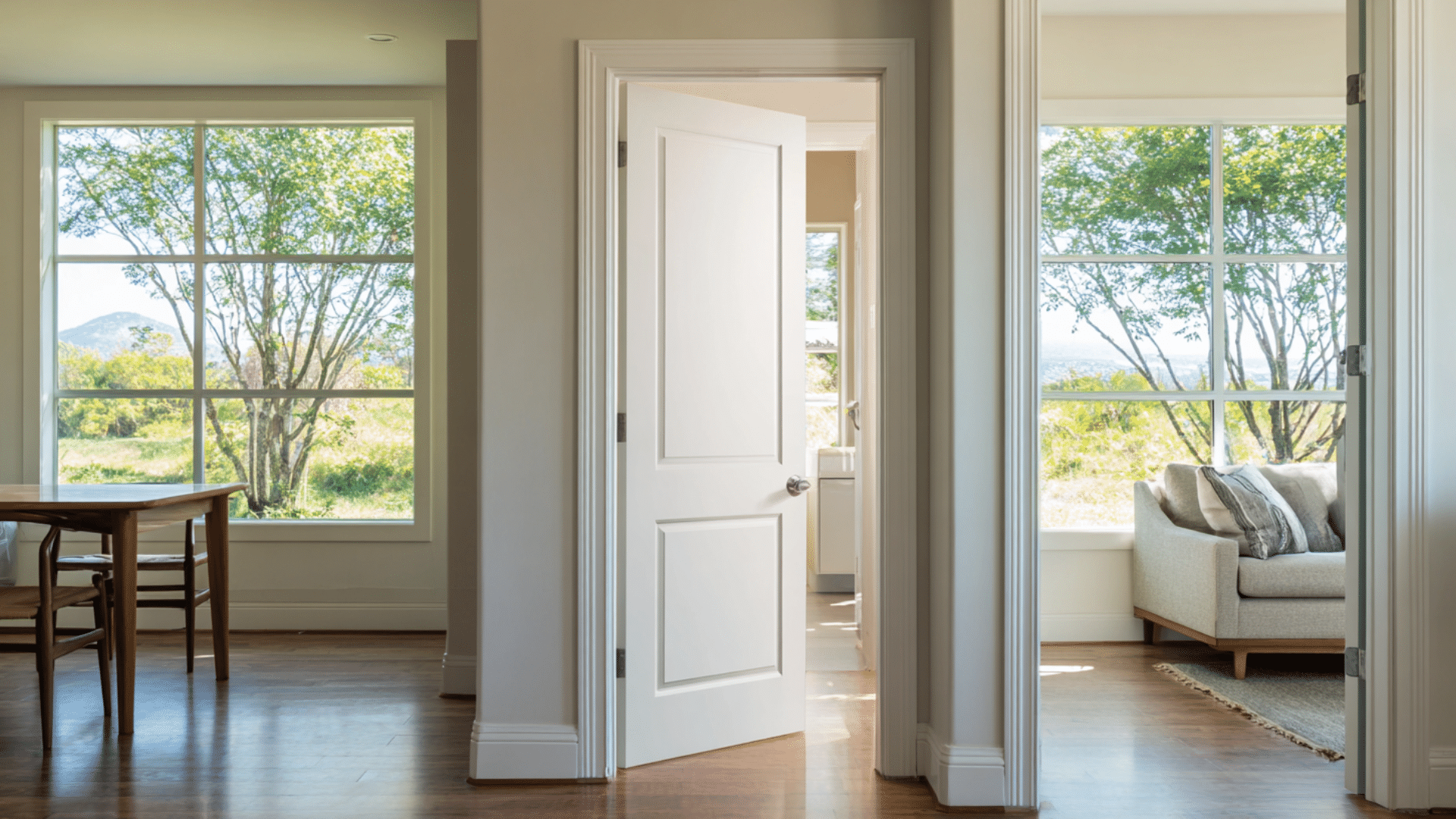 open interior door between bright rooms with large windows wooden floor and views of trees and natural landscape