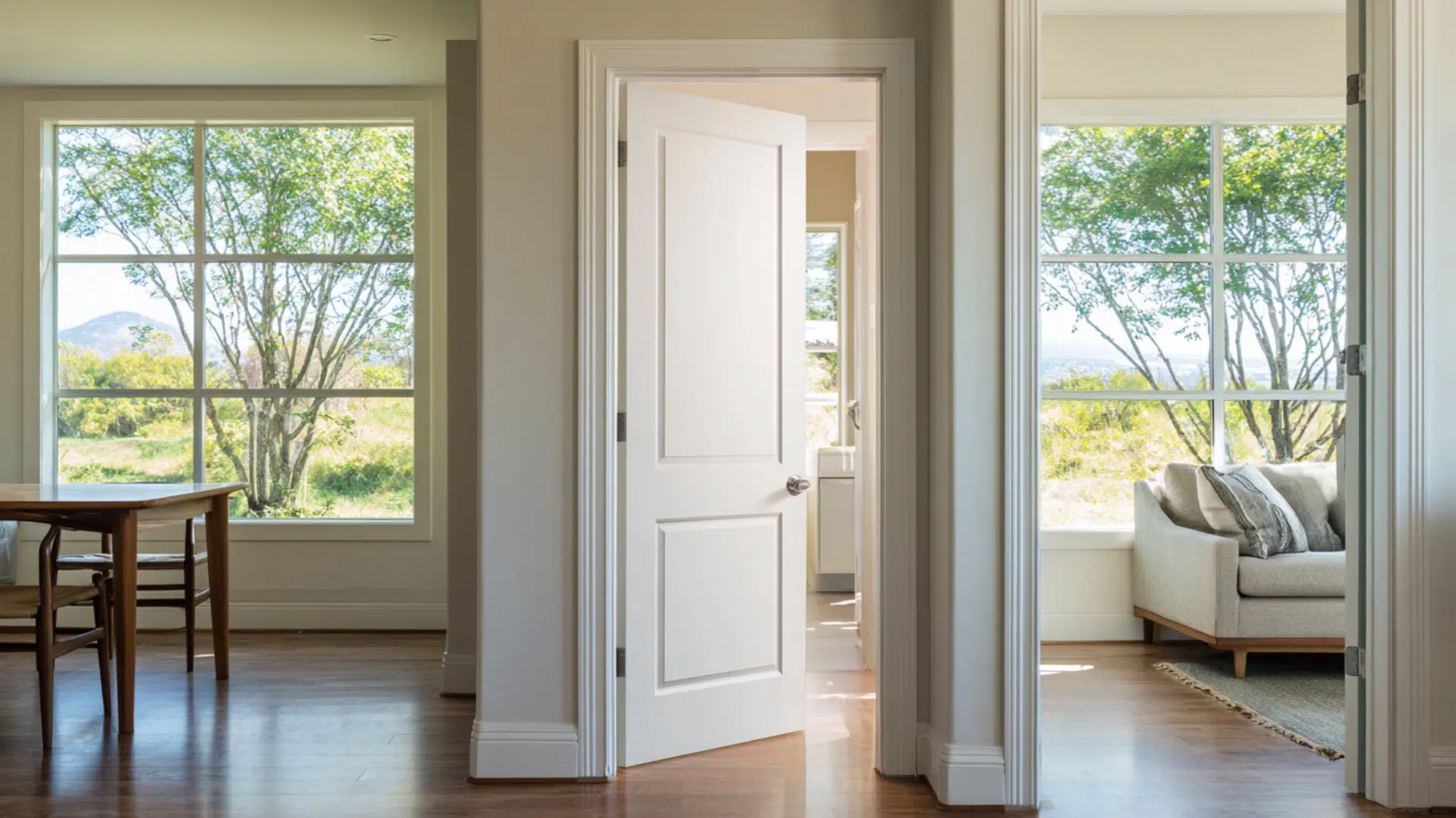 open interior door between bright rooms with large windows wooden floor and views of trees and natural landscape