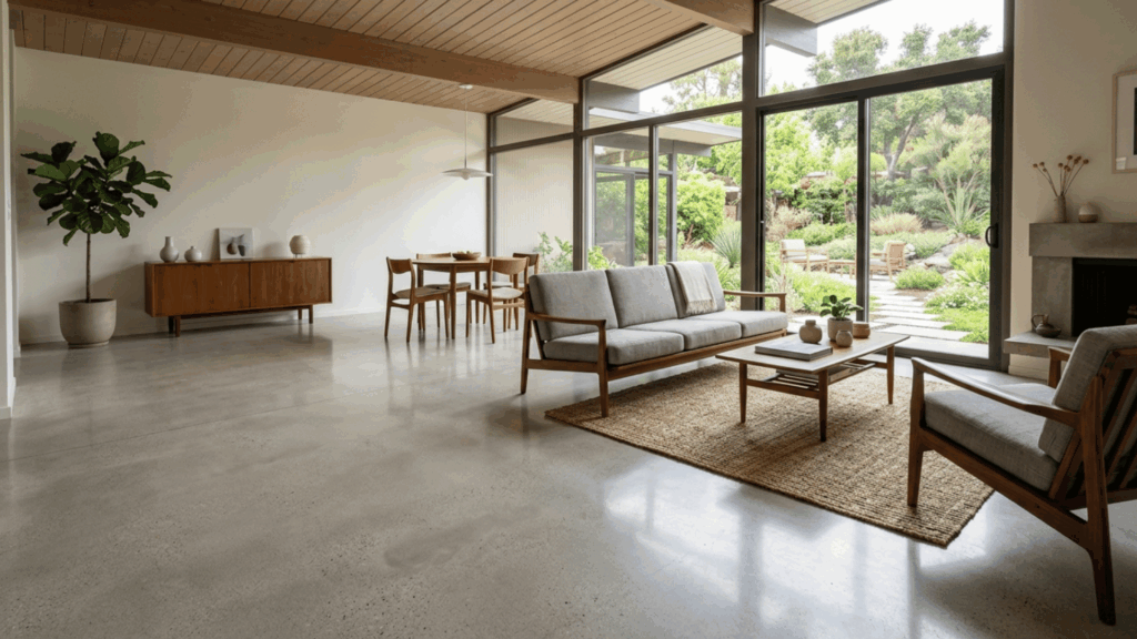 open mid century modern space with polished concrete flooring and large windows