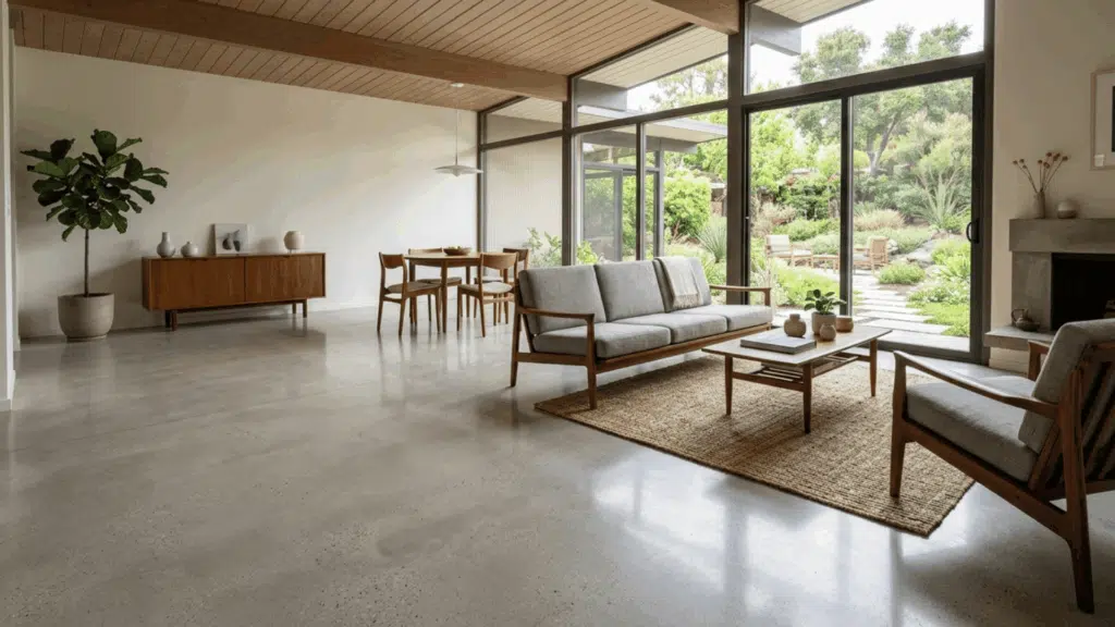 open mid century modern space with polished concrete flooring and large windows