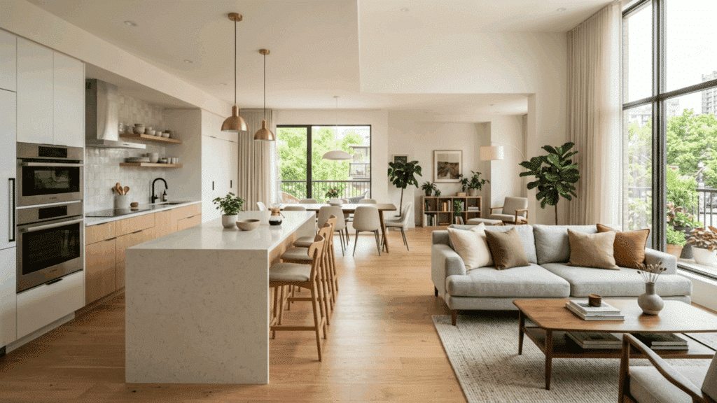 open modular kitchen design connecting kitchen with living area for a spacious and bright feel