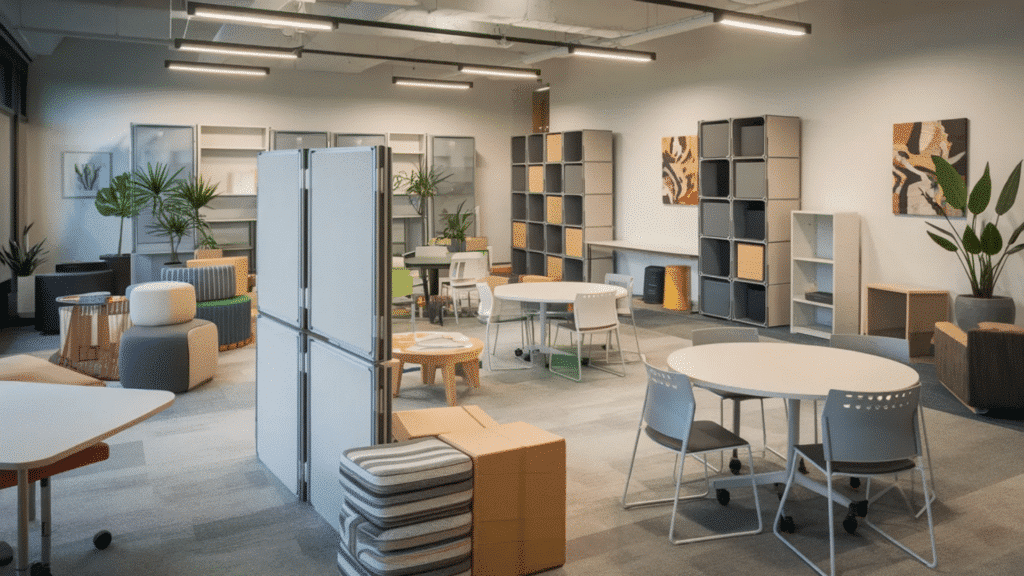 open office workspace with round tables, chairs, storage shelves, partition panels, and modern lighting in collaborative environment