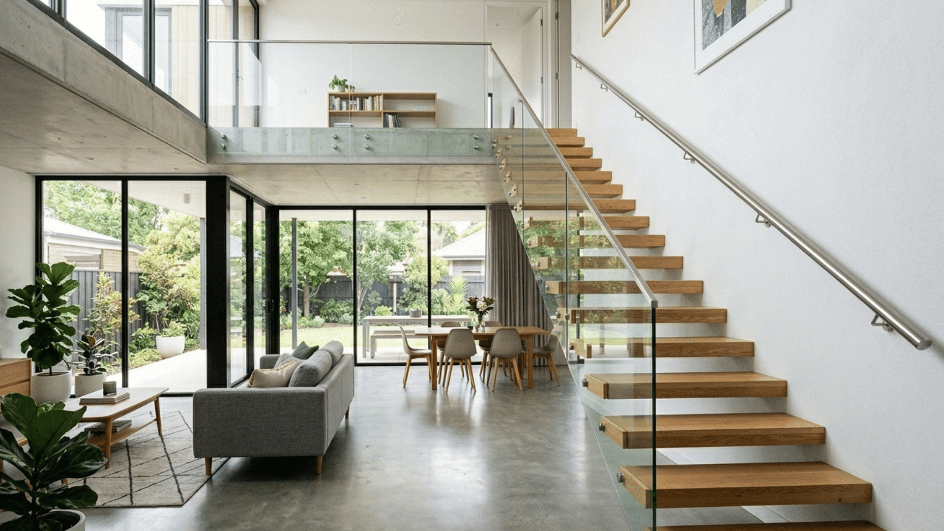 open-plan contemporary interior with floating stairs and glass railing.