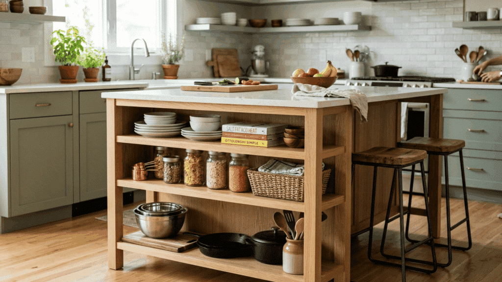 open shelf kitchen island with wooden frame and organized storage in a bright kitchen.