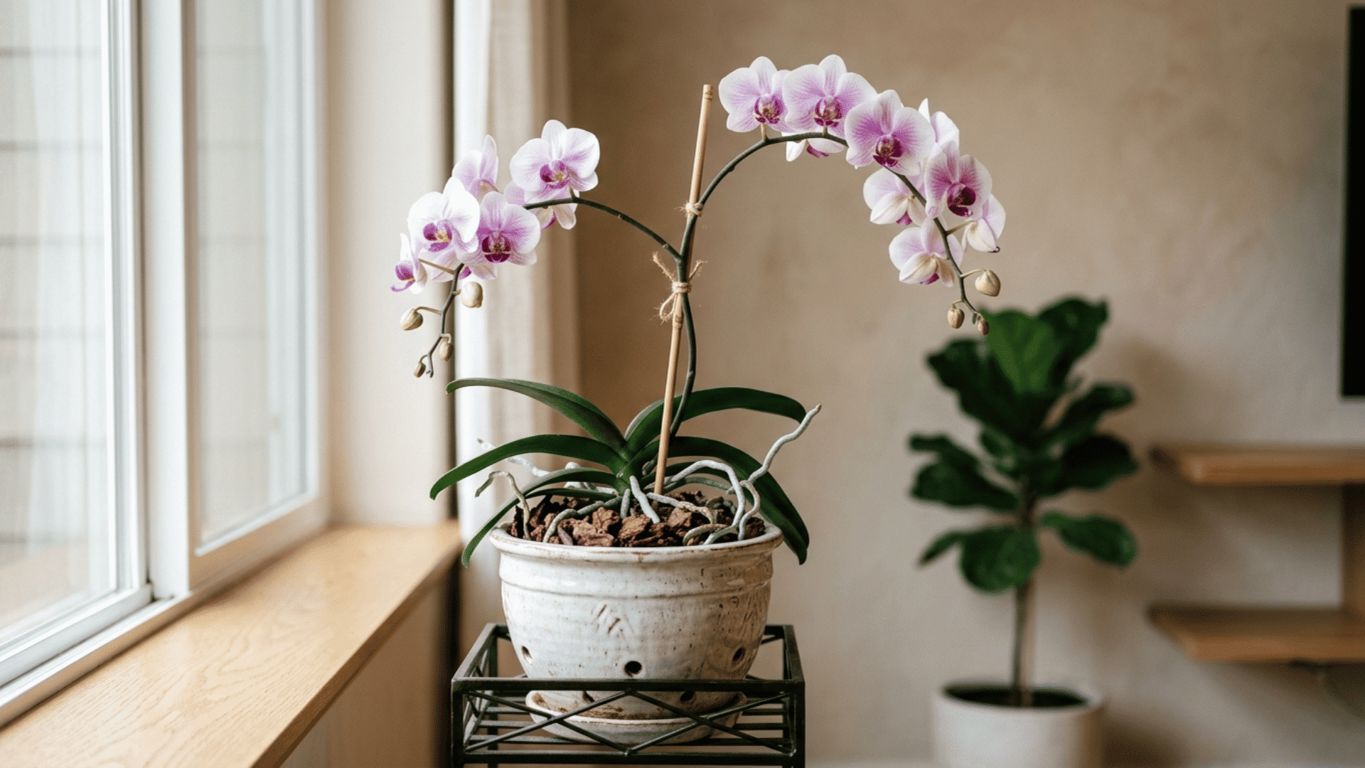 orchid plant with soft pink blooms in a decorative pot placed near a window in a bright and minimal indoor setting