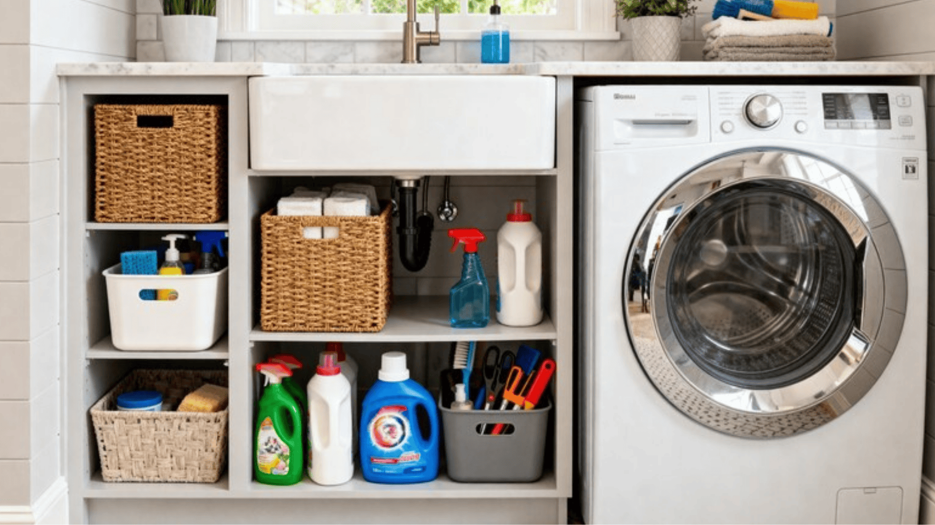organized laundry room cabinet under sink with cleaning supplies, baskets, and front load washing machine in compact space