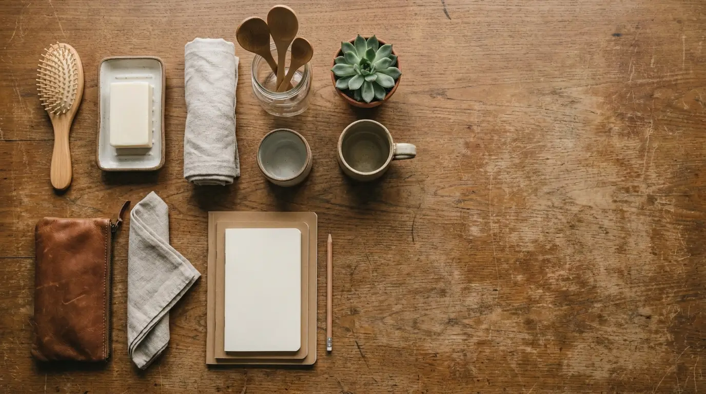 Natural desk with notebook, pencil, wooden spoons, soap, succulent, and cups in earthy tones