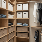 organized walk in closet with wooden shelves, folded clothes, labeled storage bins, drawers, and neatly hung shirts and jackets
