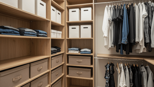 organized walk in closet with wooden shelves, folded clothes, labeled storage bins, drawers, and neatly hung shirts and jackets
