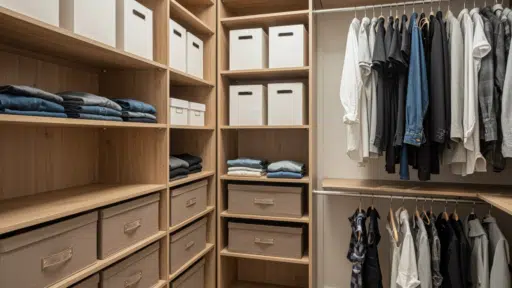 organized walk in closet with wooden shelves, folded clothes, labeled storage bins, drawers, and neatly hung shirts and jackets