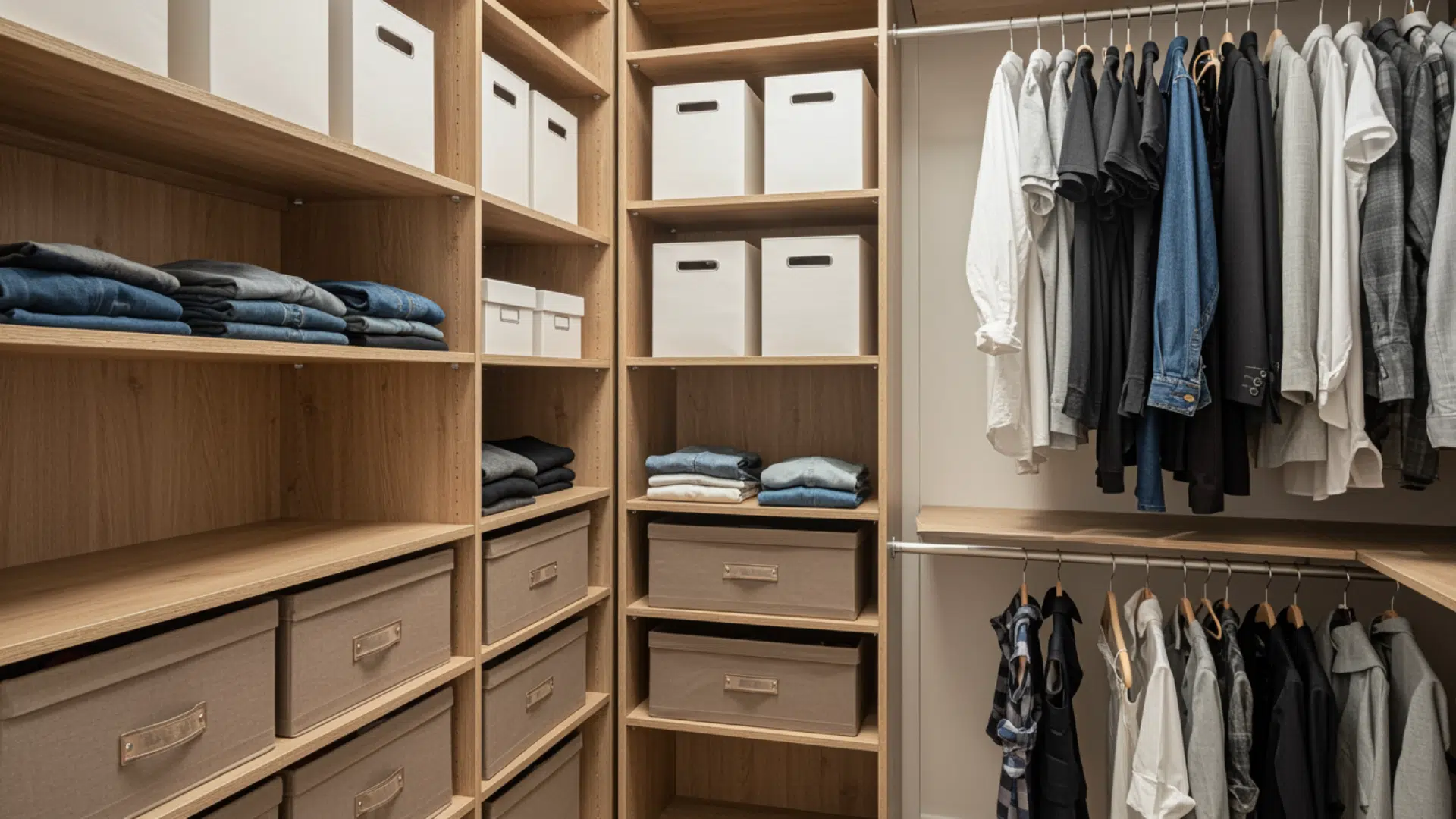 organized walk in closet with wooden shelves, folded clothes, labeled storage bins, drawers, and neatly hung shirts and jackets