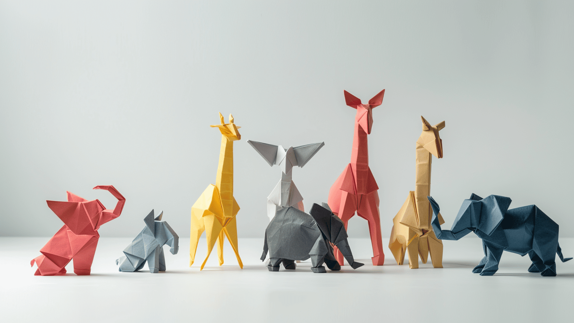 origami paper animals in bright colors arranged on white surface with soft shadows and sharp clean details