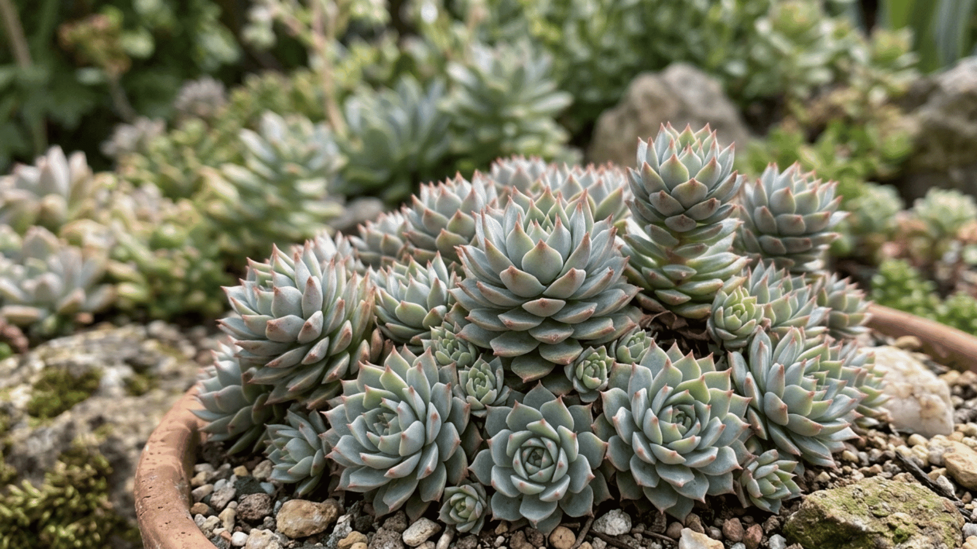 orostachys succulent cluster with pointed rosettes growing in a garden pot.