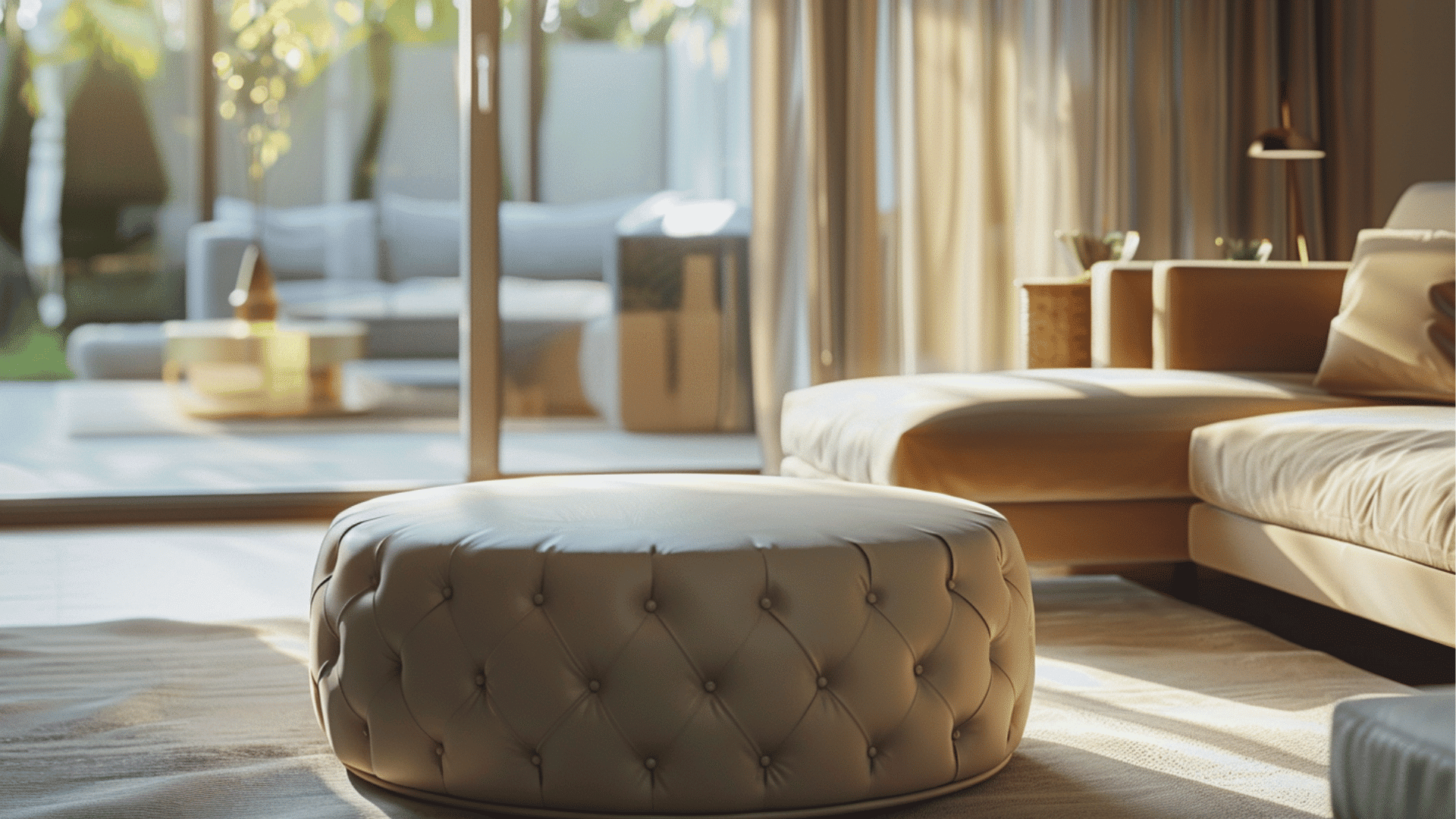 ottoman table with soft padded top in living room, empty surface, wide view, cozy seating area