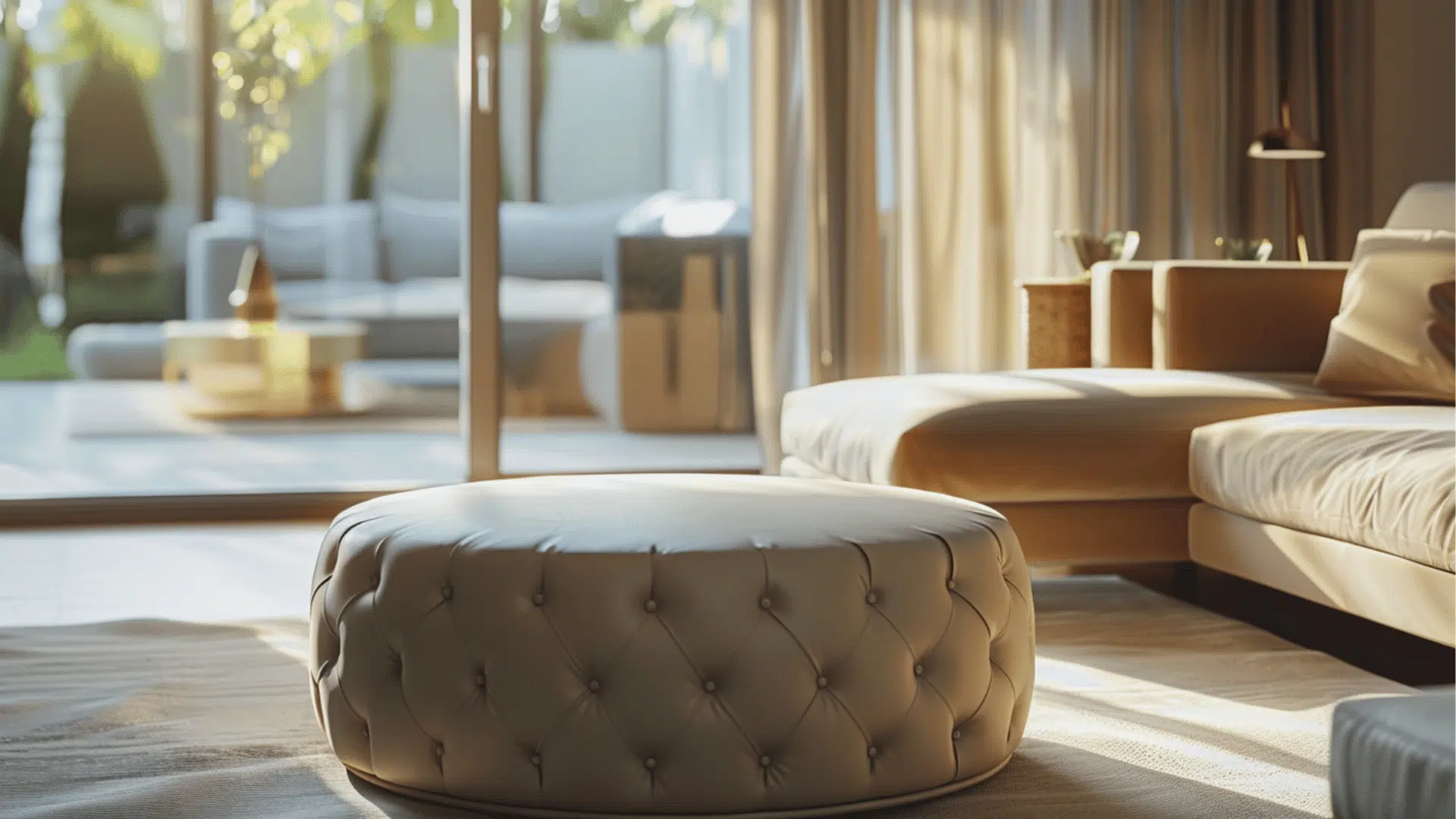 ottoman table with soft padded top in living room, empty surface, wide view, cozy seating area
