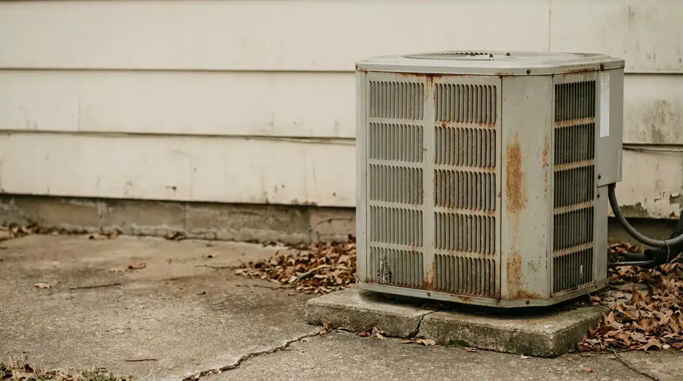 Rusty outdoor air conditioner unit on concrete slab next to beige siding wall