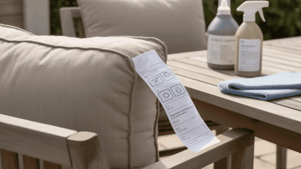 outdoor cushion with care label on patio chair next to cleaning supplies and cloth.