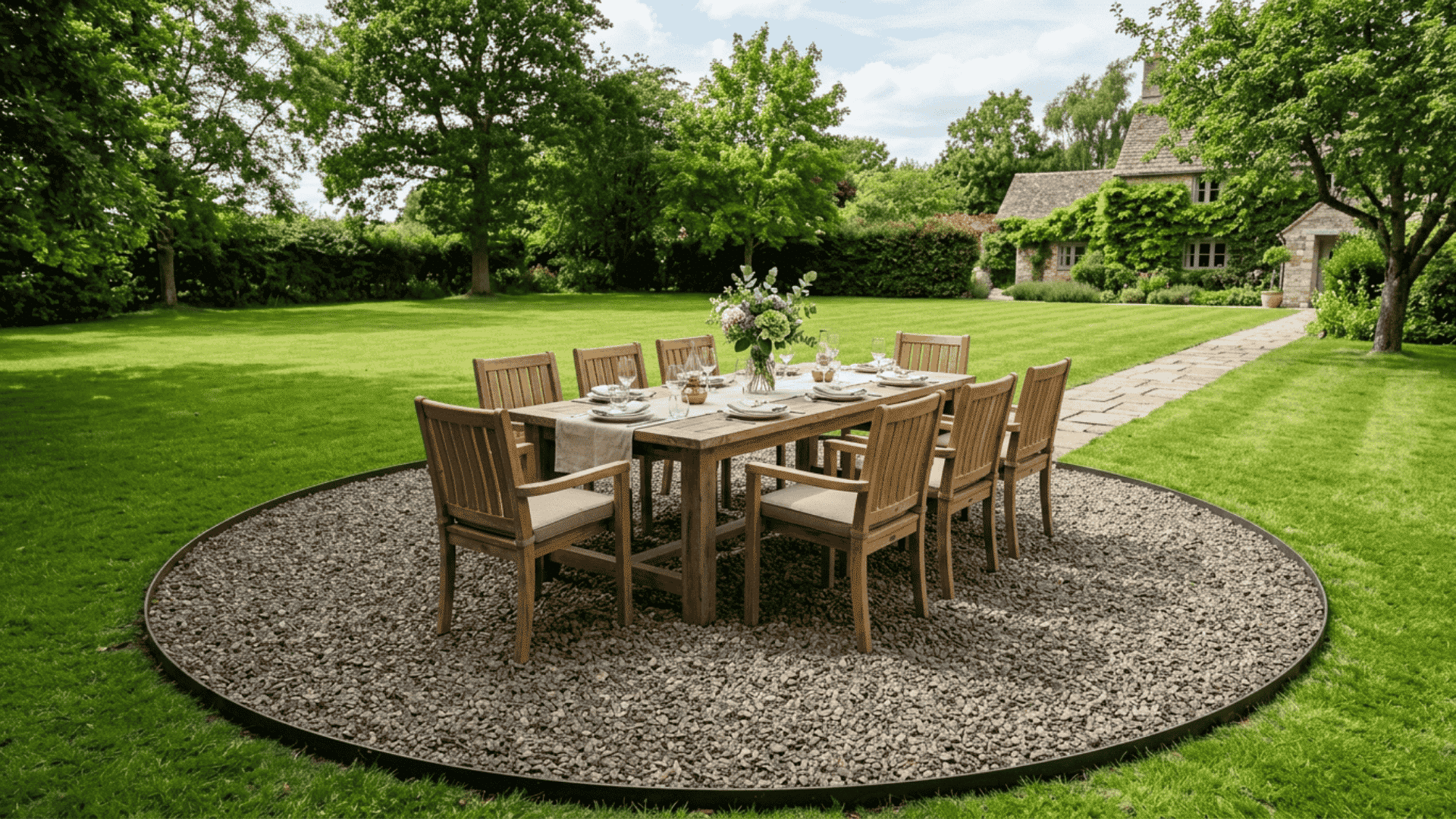 outdoor dining space on gravel base with dining table and chairs set on a level crushed stone surface