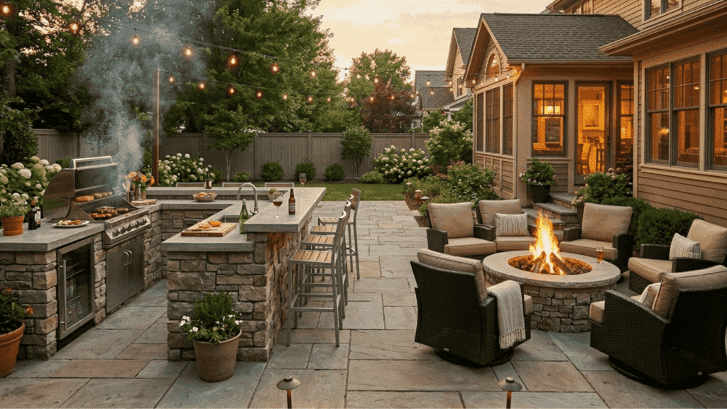 outdoor kitchen patio fire pit seating modern backyard grill island string lights cozy entertaining space