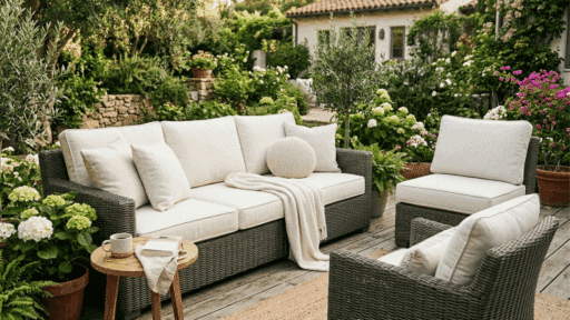 outdoor patio seating with clean beige cushions arranged on wicker furniture in a garden setting.