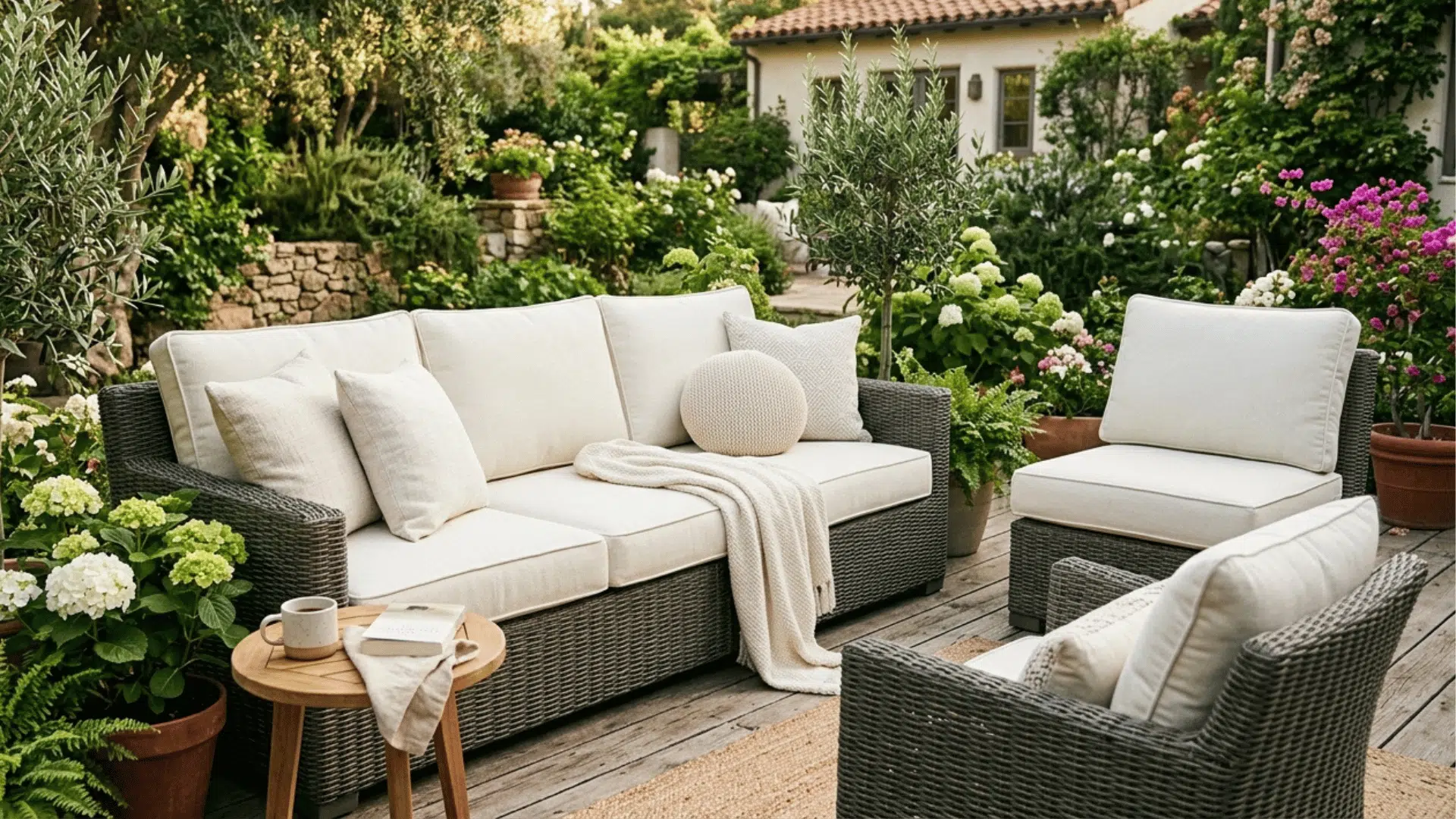 outdoor patio seating with clean beige cushions arranged on wicker furniture in a garden setting.