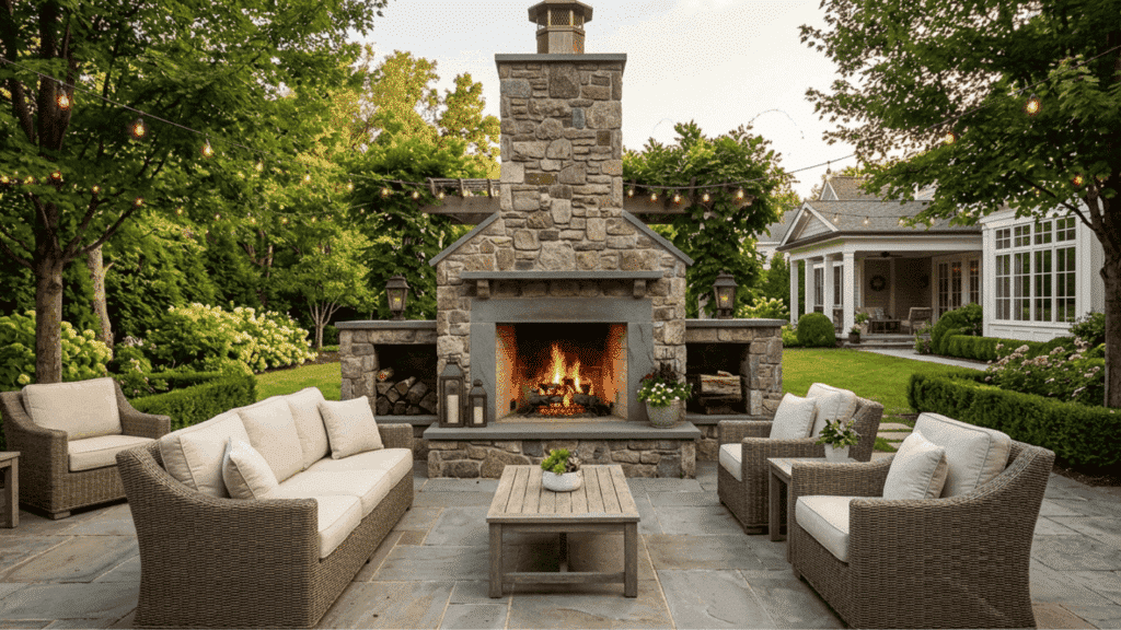 outdoor stone fireplace patio seating luxury backyard living space elegant garden design