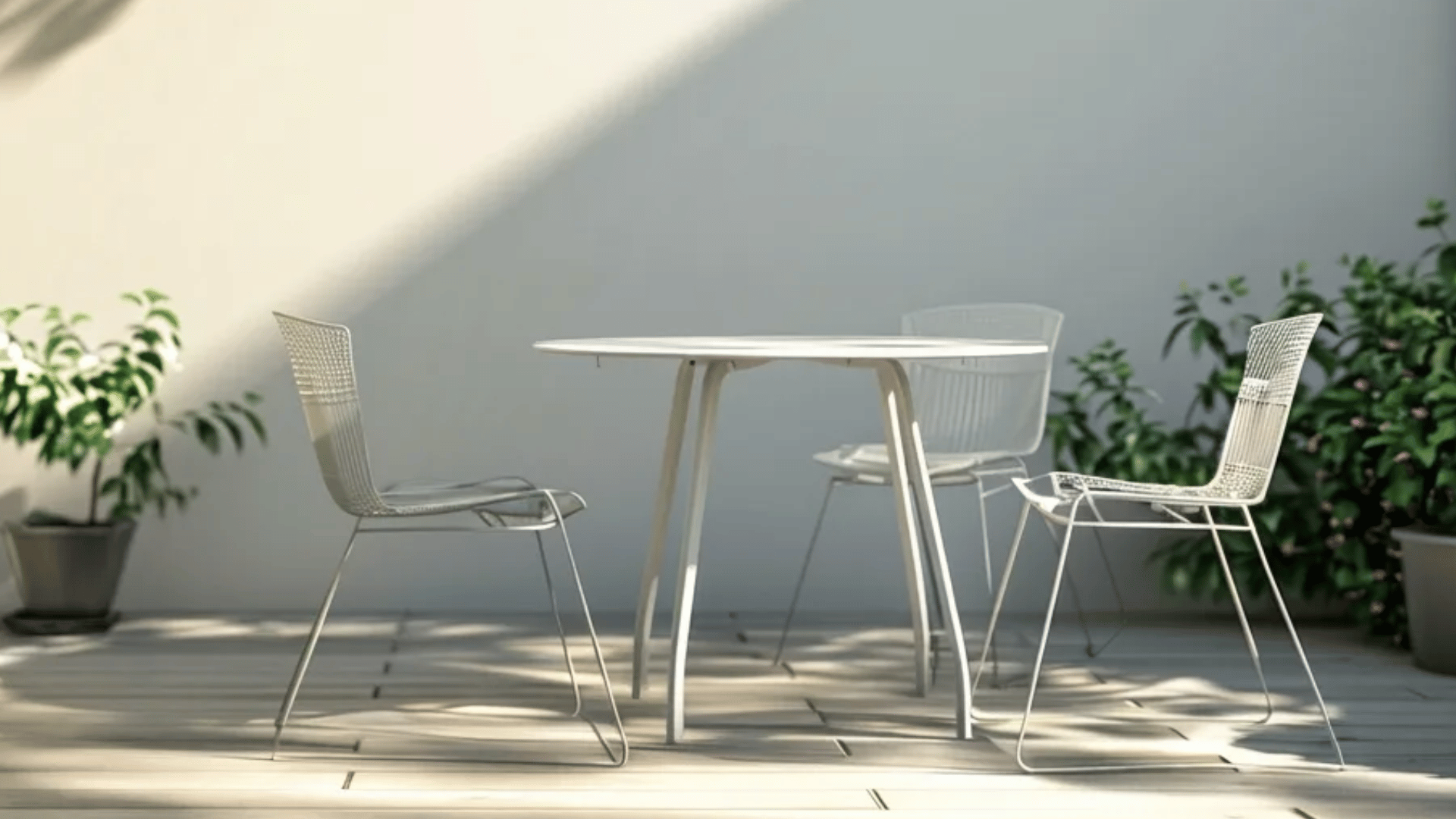 outdoor table with chairs on patio or balcony, empty surface, wide view, natural daylight