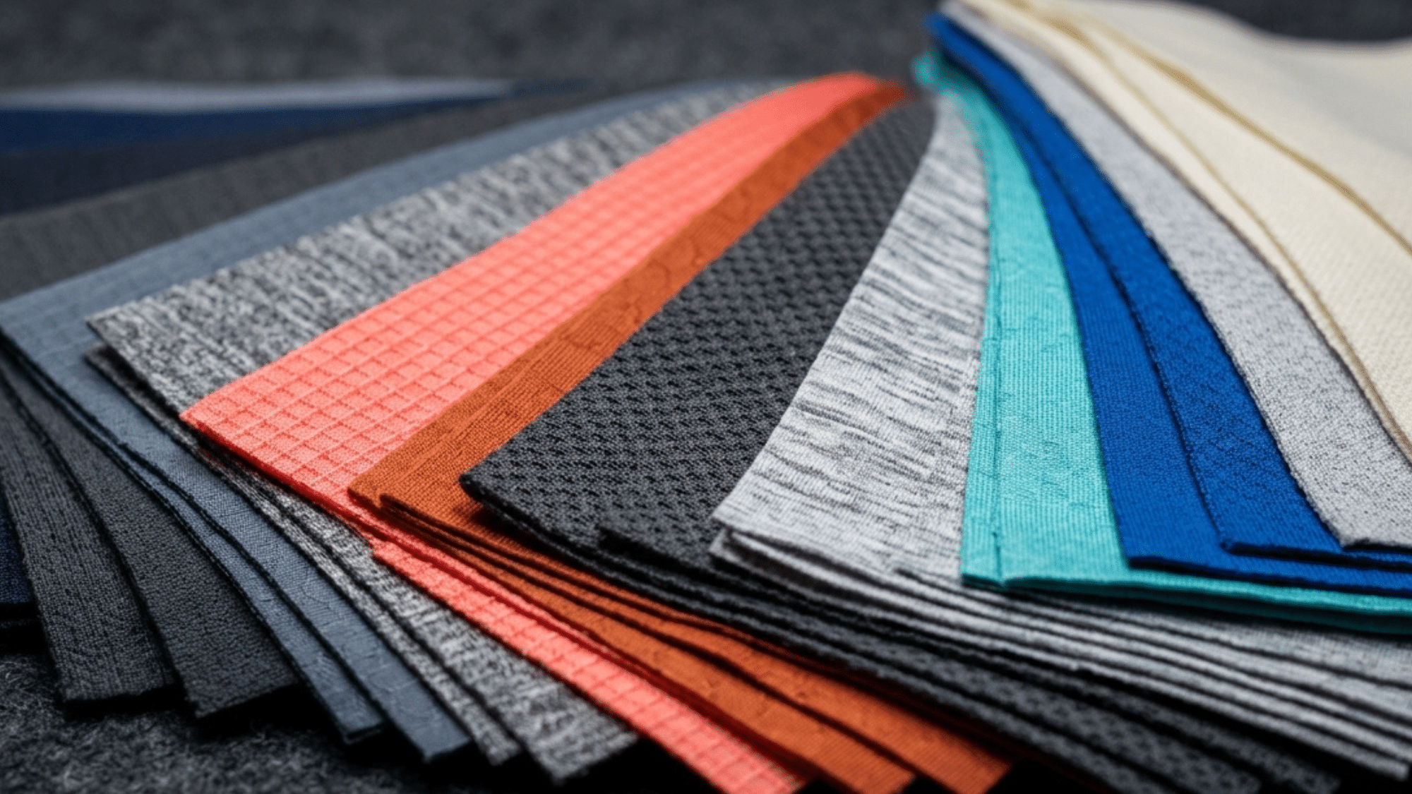 overlapping textured fabric samples in a gradient of colors displayed on a dark surface