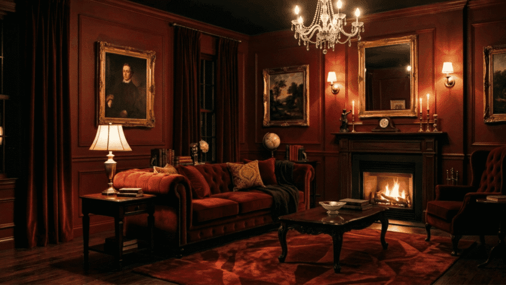 oxblood red living room with deep red walls, velvet sofa, and warm lighting