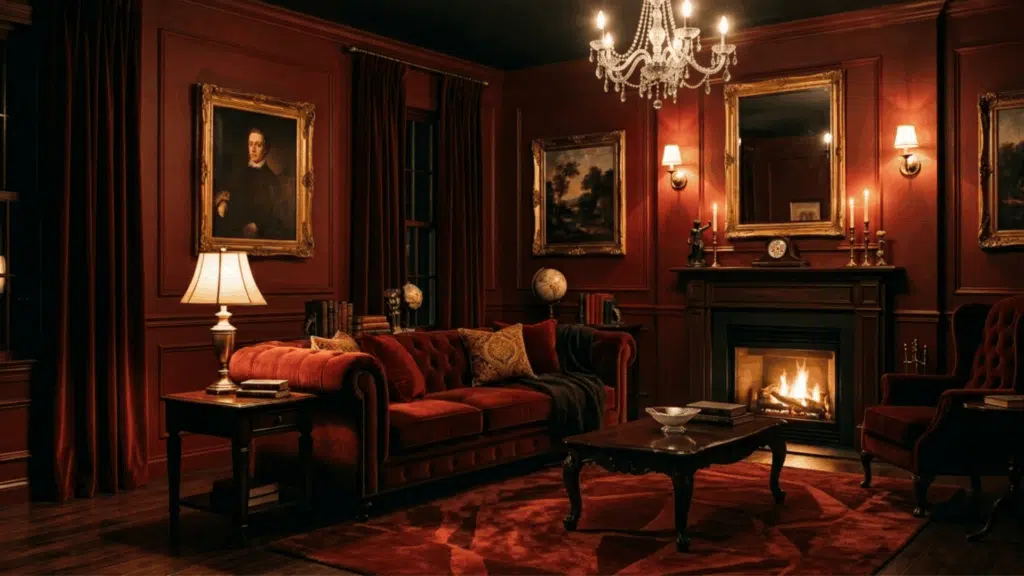 oxblood red living room with deep red walls, velvet sofa, and warm lighting