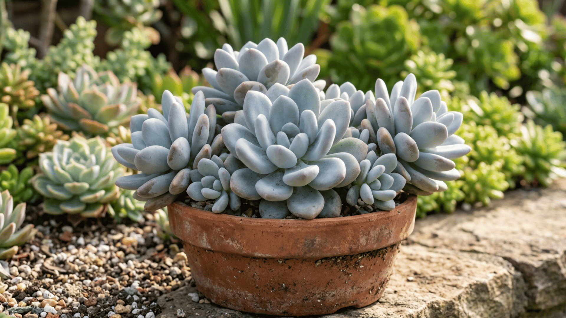 pachyphytum succulent with plump rounded leaves in a clay pot outdoors in sunlight.