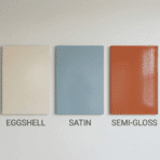 paint finish types collage showing matte eggshell satin semi gloss and gloss with different shine levels