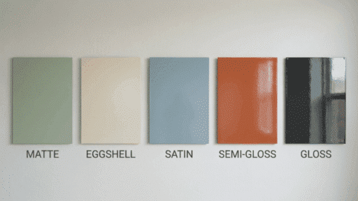 paint finish types collage showing matte eggshell satin semi gloss and gloss with different shine levels