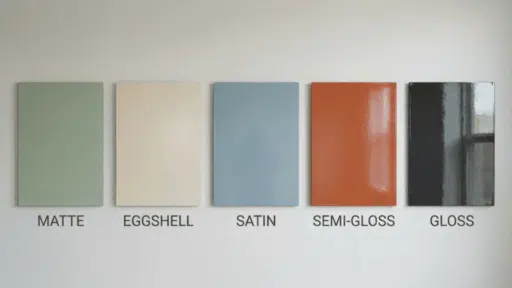 paint finish types collage showing matte eggshell satin semi gloss and gloss with different shine levels
