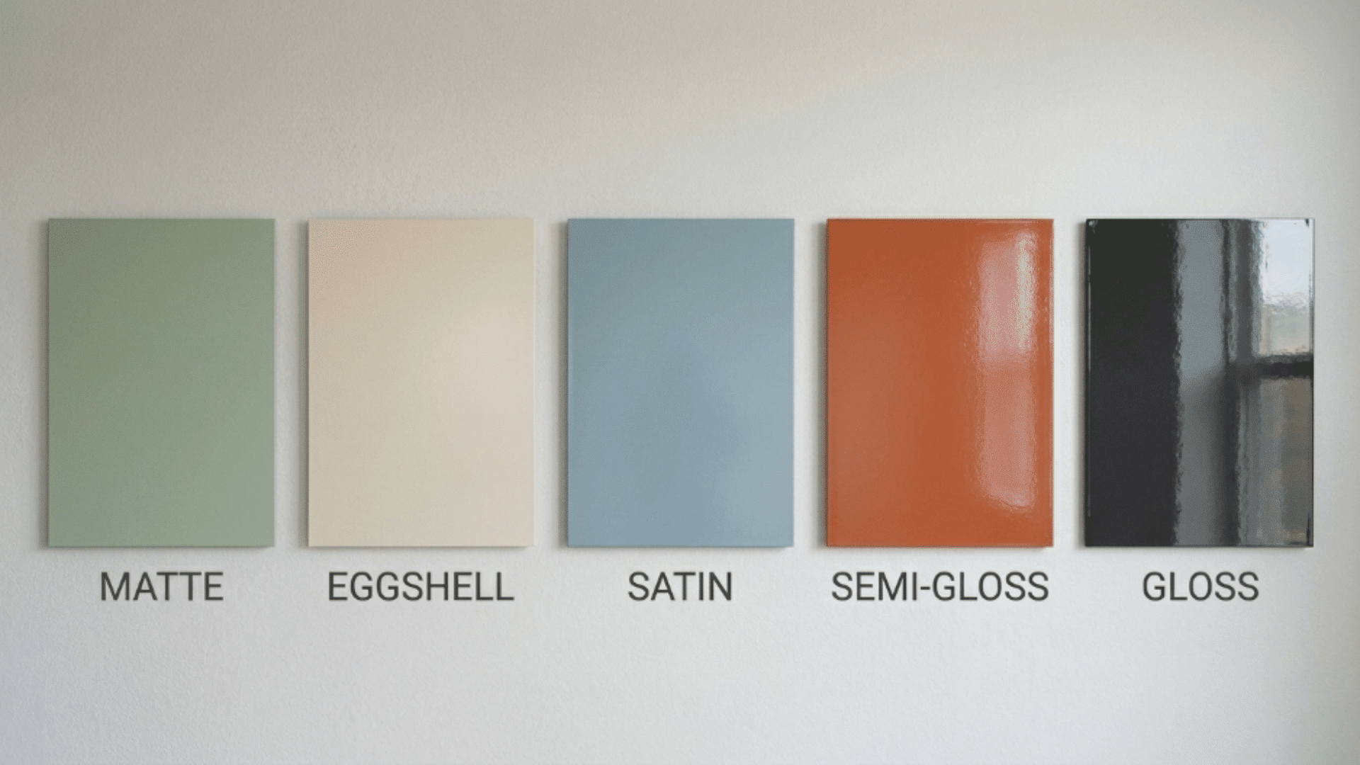 paint finish types collage showing matte eggshell satin semi gloss and gloss with different shine levels