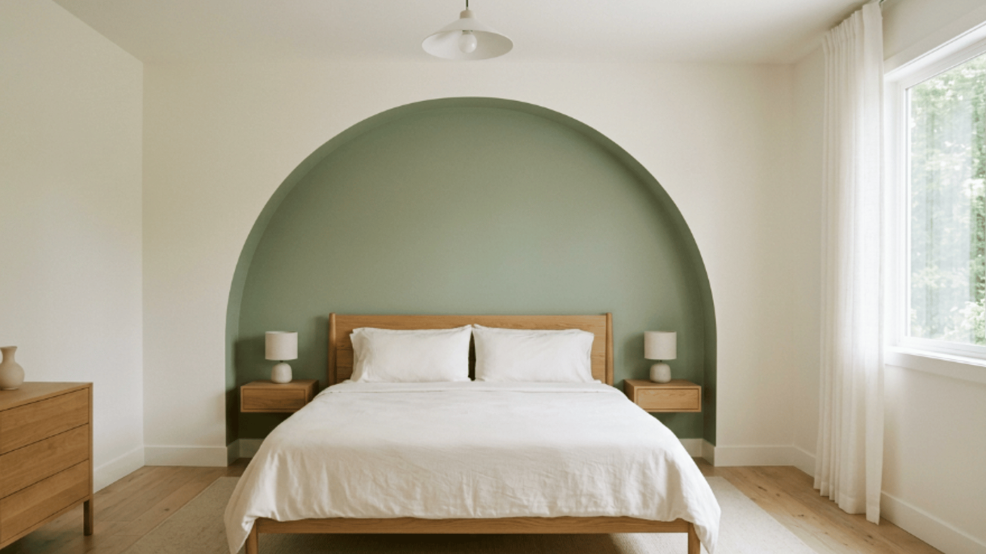 painted arch shape behind bed creating a soft focal point with simple design