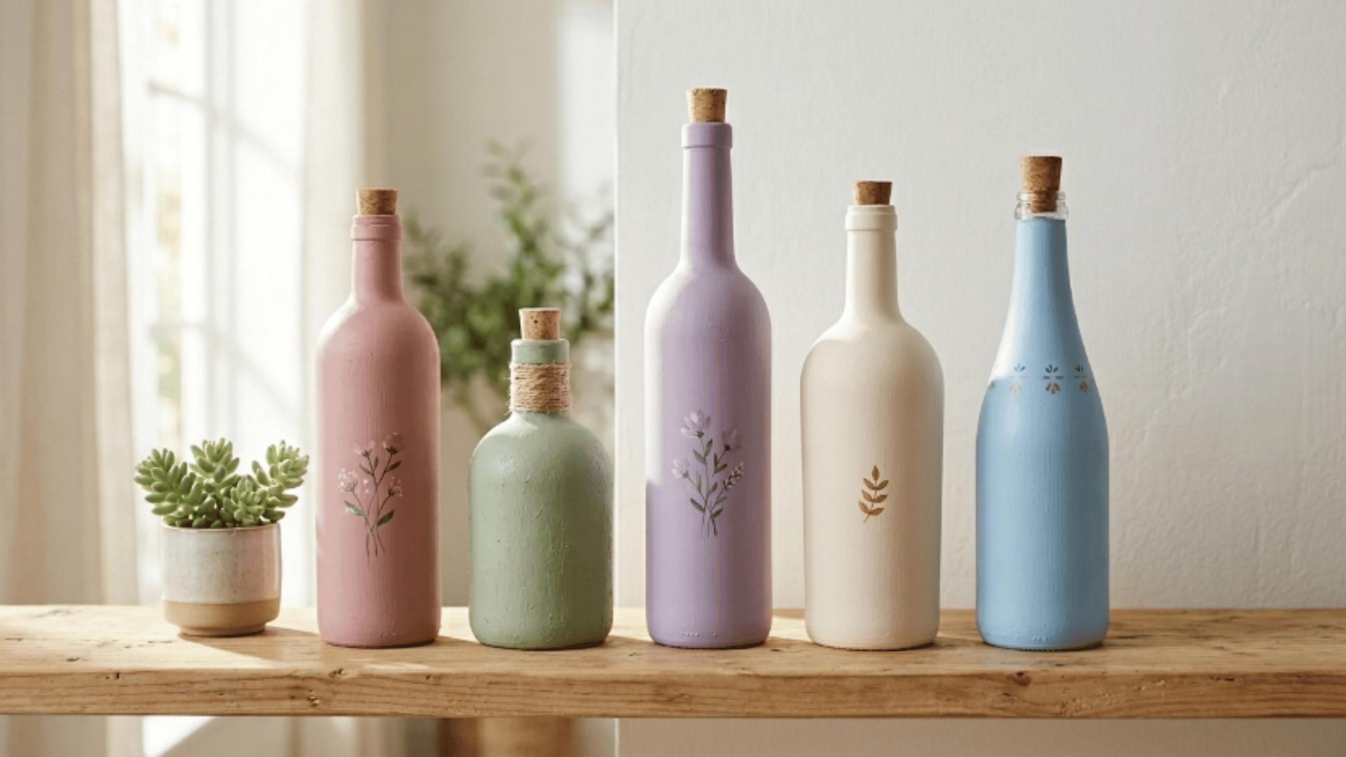 painted glass bottles in soft pastel colors arranged on shelf with natural light creating a clean decorative display (1)