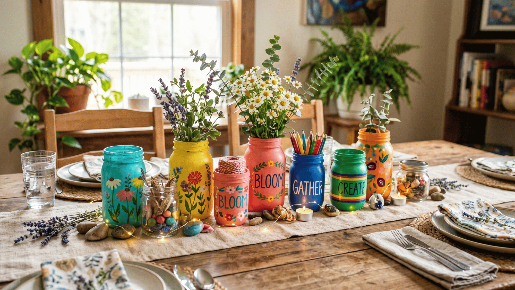 painted jars used as a creative DIY dining table centerpiece